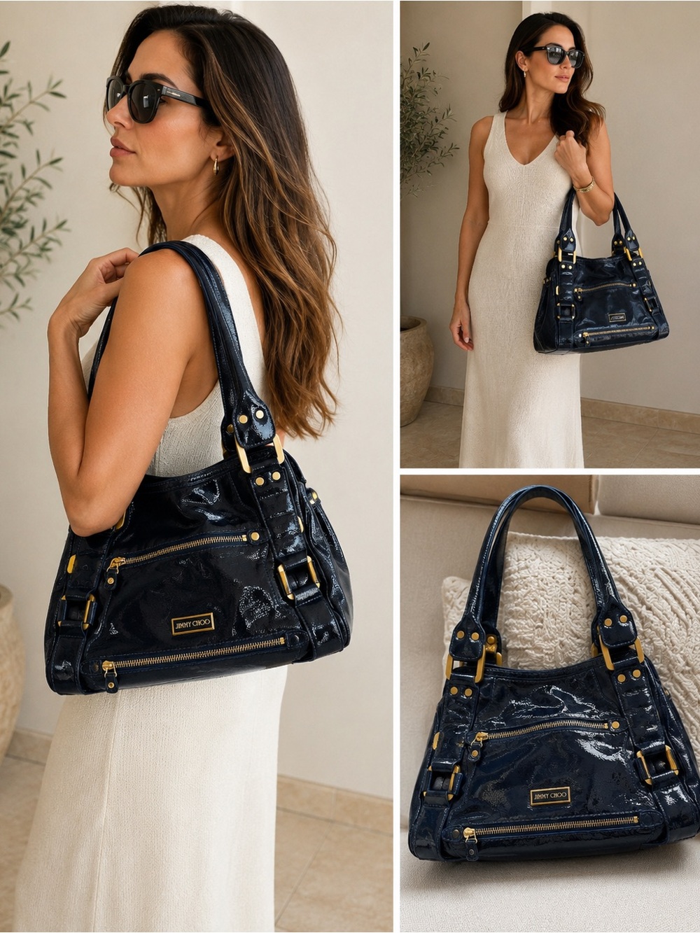 Jimmy Choo Navy Patent Leather Shoulder Bag Gold Hardware Large Italy